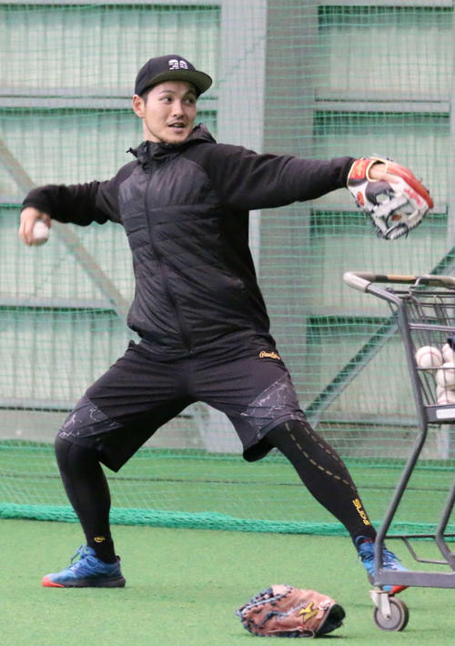室内練習場でネットスローをする日本ハム鍵谷（18年12月撮影）