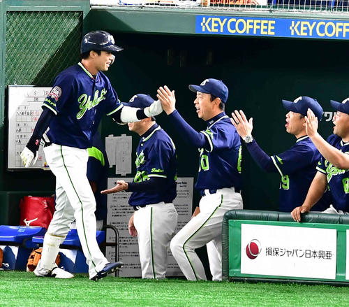 巨人対ヤクルト　1回表ヤクルト1死三塁、山田哲（左）は中越えに先制2点本塁打を放ち小川監督らベンチのナインの祝福を受ける（撮影・小沢裕）