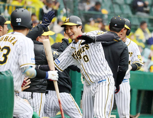 阪神対中日　4回裏阪神1死二、三塁、西の左線適時打で生還した木浪と梅野（右端）はベンチのナインと笑顔でタッチする（撮影・加藤哉）