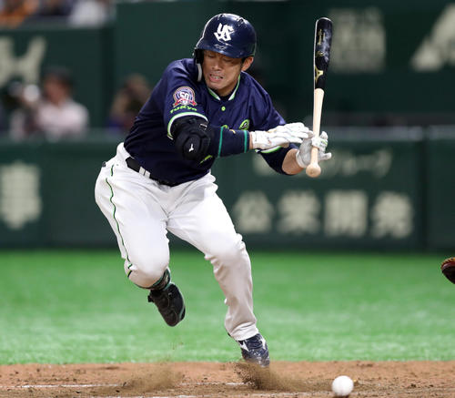 巨人対ヤクルト　4回表ヤクルト2死、死球を受ける雄平（撮影・狩俣裕三）