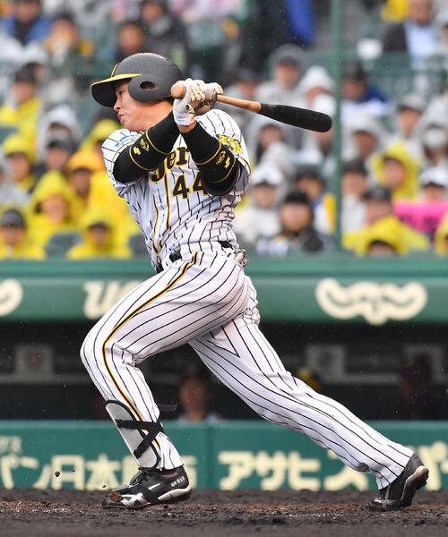 阪神対中日　4回裏阪神1死一、二塁、中前に勝ち越し適時打を放つ梅野（撮影・上田博志）