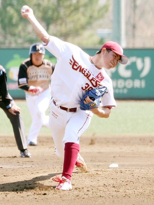イースタン・リーグ楽天対日本ハム　公式戦初登板で力投する楽天引地（撮影・野上伸悟）