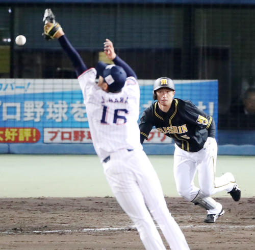 ヤクルト対阪神　9回表阪神2死、近本は中前打を放つ（撮影・加藤哉）