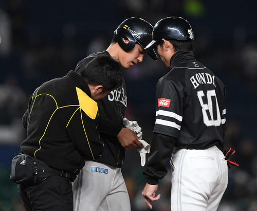 ロッテ対ソフトバンク　2回表ソフトバンク無死、右手に死球を受け痛がる上林（中央）（撮影・鈴木みどり）