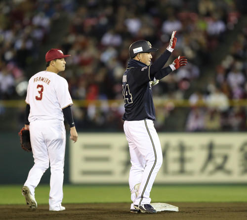 楽天対オリックス　6回表オリックス2死一、二塁、頓宮は勝ち越しの左越え適時二塁打を放ち、ベンチにポーズ（撮影・林敏行）
