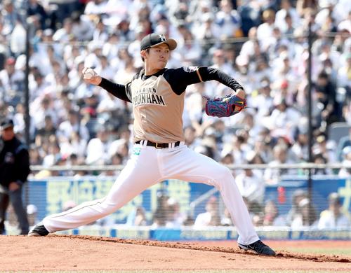 ロッテ対日本ハム　日本ハム先発の上沢（撮影・黒川智章）