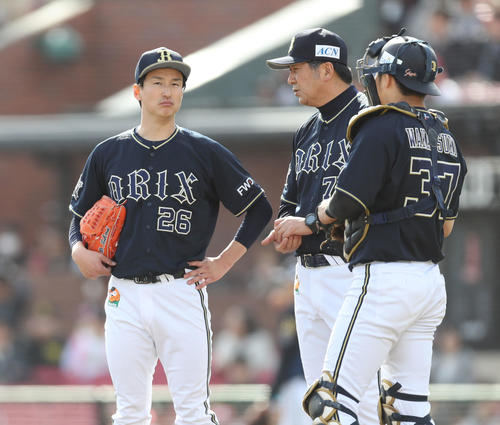 楽天対オリックス　4回裏楽天無死一塁、ブラッシュに左越え二塁打を浴び、降板する東明（撮影・林敏行）