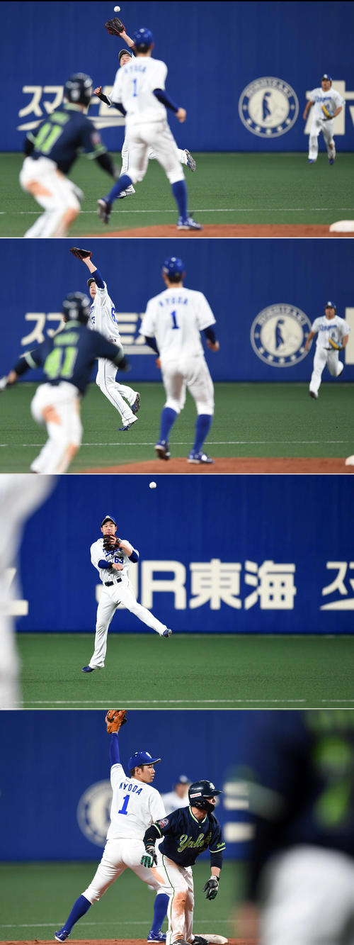 5回表ヤクルト1死二塁、二塁後方の飛球を堂上が好捕し遊撃・京田に送球して併殺が成立したかに思われたが判定はセーフ