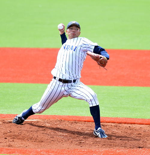 東北工大対仙台大　7回11奪三振の好投を見せた仙台大・稲毛田（撮影・鎌田直秀）