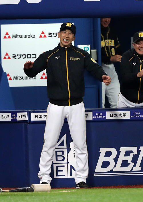 9回表阪神2死一、三塁、近本が左越え本塁打を放ち喜ぶ矢野監督（撮影・鈴木正人）