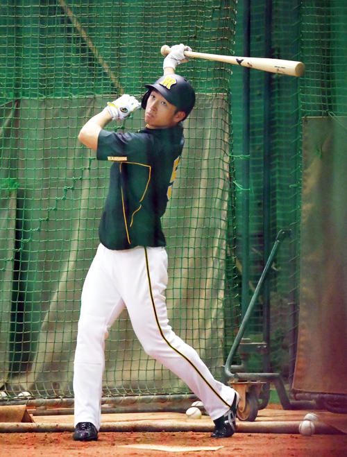 室内で打ち込む近本光司（撮影・奥田泰也）