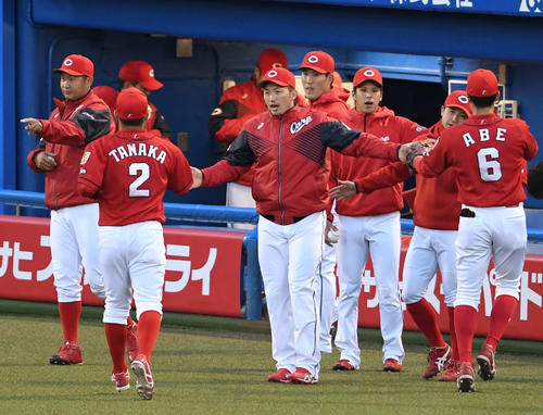 ヤクルト対広島　ベンチ前で選手を出迎える広島鈴木（中央）（撮影・山崎安昭）