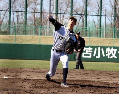 東農大北海道対旭川大　6安打完封でチームを2連勝に導いた旭川大・松村投手（撮影・永野高輔）