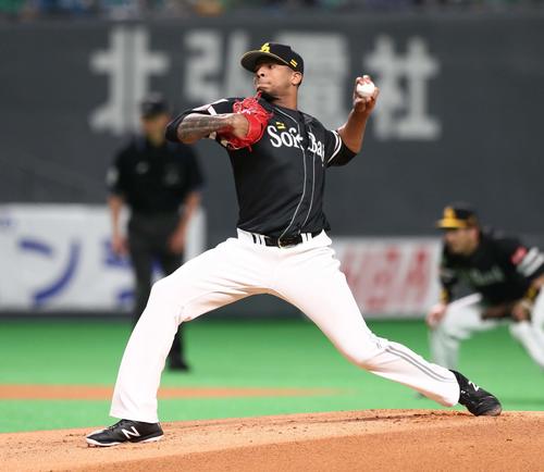 日本ハム対ソフトバンク　ソフトバンク先発のミランダ（撮影・黒川智章）