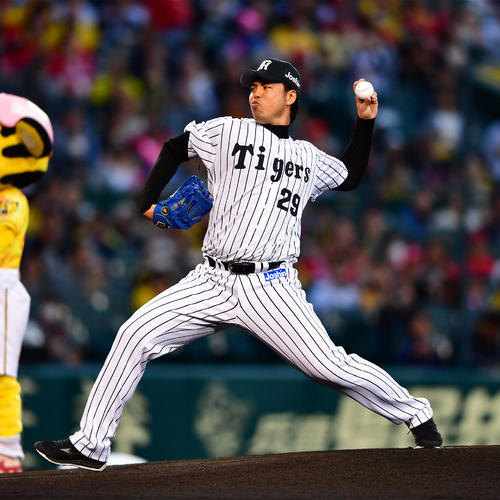 阪神対広島　ファーストピッチを行う井川慶（撮影・清水貴仁）