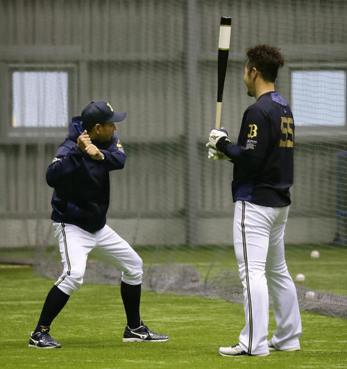田口コーチ（左）の指導を受けるオリックスのT－岡田（2019年4月10日撮影）