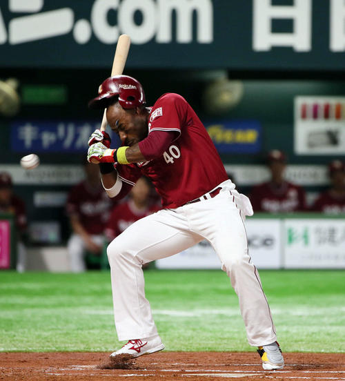 楽天ウィーラーは頭部に死球を受ける（撮影・栗木一考）