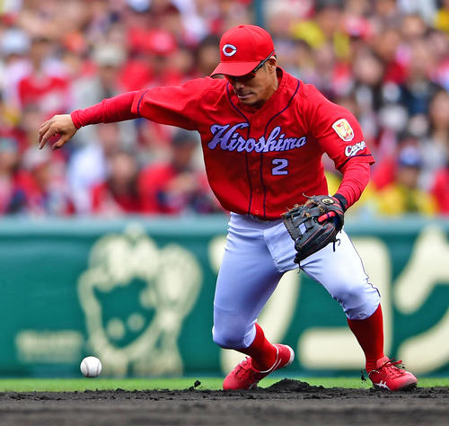 阪神対広島　2回裏阪神無死、大山悠輔の打球をはじき失策する遊撃手田中広輔（撮影・清水貴仁）