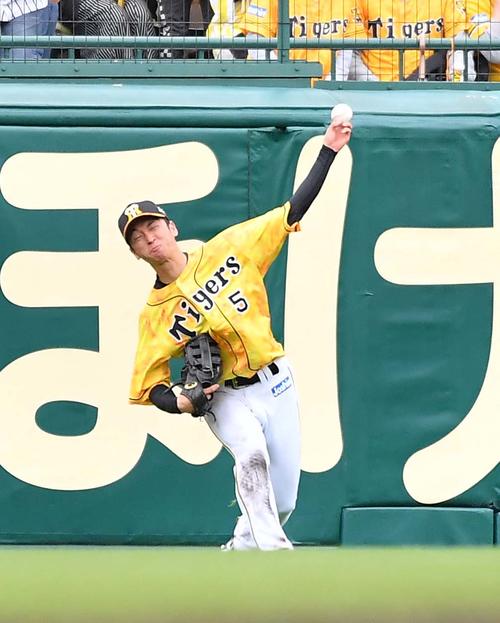 7回表広島1死、近本は中越え安打を放ち二塁を狙ったバティスタを刺す（撮影・上田博志）