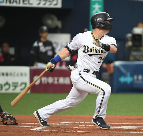 オリックス対ロッテ　1回裏オリックス2死二塁、吉田正尚が先制適時打を放つ（撮影・渦原淳）