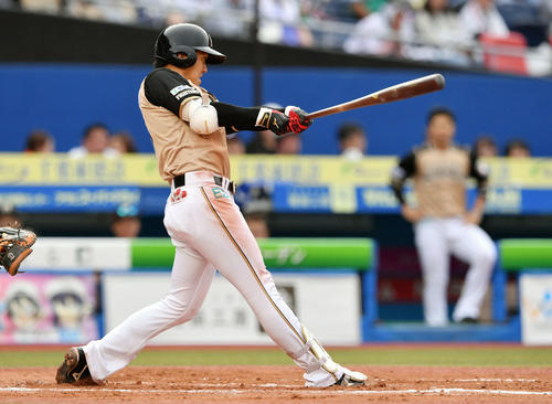 ロッテ対日本ハム　6回表日本ハム1死一、二塁、平沼は勝ち越しの右前適時打を放つ（撮影・滝沢徹郎）