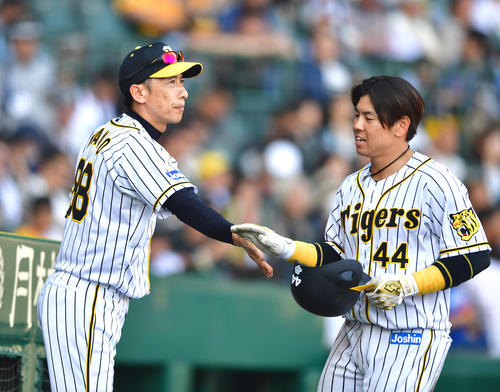 阪神対DeNA　6回の攻撃を終え梅野隆太郎（右）とタッチを交わす矢野耀大監督（撮影・清水貴仁）