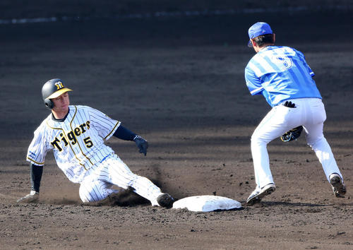 7回裏阪神2死一塁、近本は2つ目の二盗を決める（撮影・上山淳一）