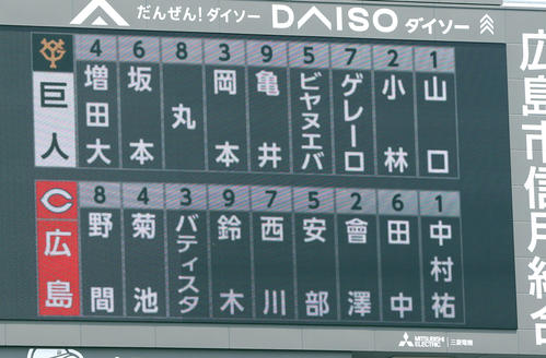 広島対巨人　両チームスタメン（撮影・垰建太）