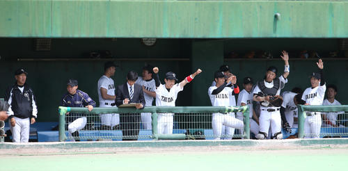 大体大対甲南大　6回表、坂井慎平の適時打で9点目を上げて喜ぶ大体大ナイン（撮影・白石智彦）