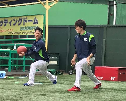 メディシンボールを使って練習するヤクルト小川（左）と高梨
