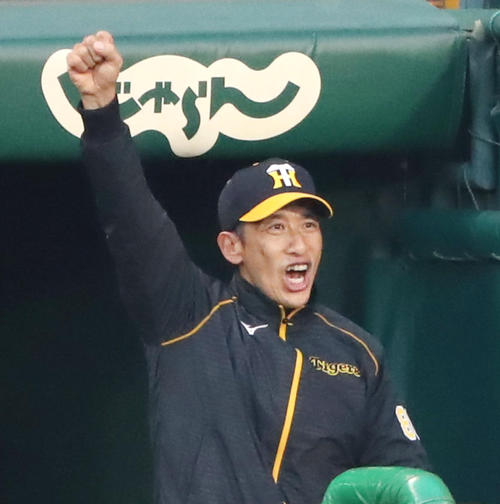 阪神対中日　2回裏阪神1死一塁、マルテの左越え2点本塁打にベンチでガッツポーズを見せる矢野監督（撮影・加藤哉）