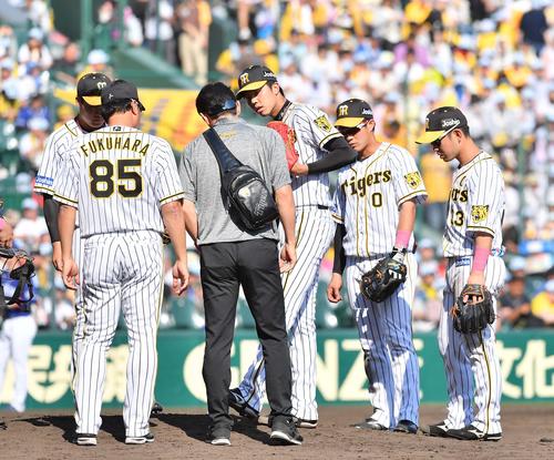 5回表中日2死、ビシエドの打球を左足に当てトレーナーと確認する才木（中央）（撮影・上田博志）