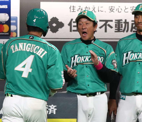 日本ハム対西武　7回裏、2点本塁打を放った谷口を出迎える栗山監督（撮影・黒川智章）