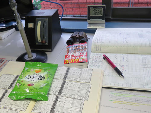 谷保さんが準備する場内アナウンス七つ道具。上から電波時計、双眼鏡、スコアブック、4色ボールペン、選手名鑑、のどあめ、成績表のスクラップ