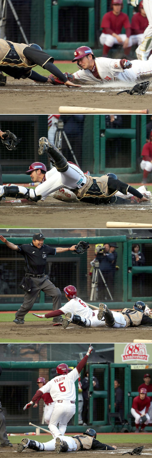 11回裏楽天1死一、三塁、ウィーラーの右犠飛で生還する藤田（撮影・佐藤翔太）