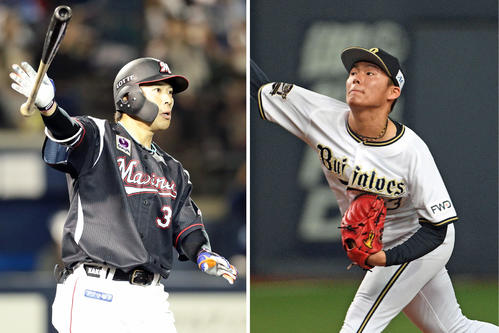 ロッテ角中（左）、オリックス山本