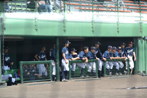戦況を見守る兵庫県警察硬式野球部県警桃太郎ナイン（撮影・望月千草）