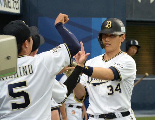 オリックス対ロッテ　3回裏オリックス2死、本塁打を放ちナインに迎えられる吉田正（撮影・渦原淳）