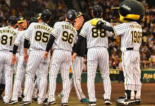 阪神対ヤクルト　4勝目をあげ矢野燿大監督とハイタッチする青柳晃洋（撮影・上田博志）