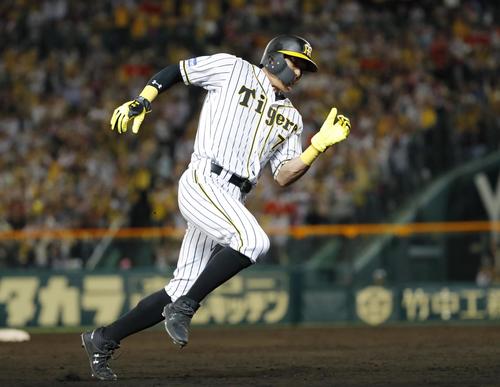 7回阪神2死一塁、大山の左前打が失策を誘い、一気に本塁へ走る糸井（共同）