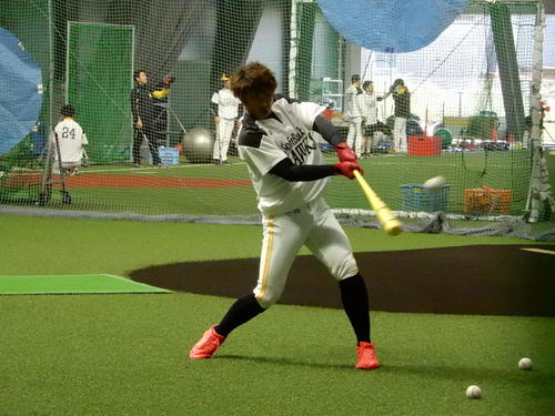ソフトバンク西田はティー打撃を行う