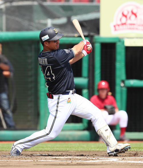 楽天対オリックス　2回表オリックス2死、頓宮は左越え本塁打を放つ（撮影・足立雅史）
