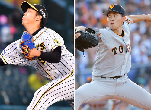 阪神青柳晃洋（左）と巨人高橋優貴