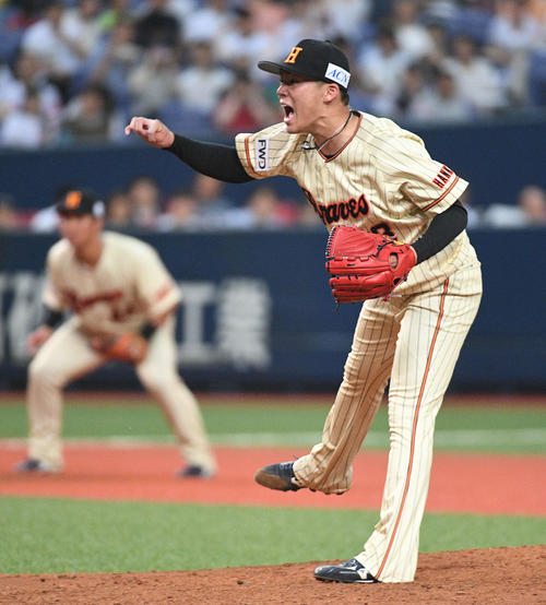オリックス対ソフトバンク　5回表ソフトバンク2死一、二塁、釜元を空振り三振に打ち取りほえる山本（撮影・渦原淳）