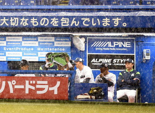ヤクルト対広島　5回表広島1死一、三塁、雨で中断となりベンチに座りグラウンドを見つめるヤクルト小川監督（右）（撮影・横山健太）