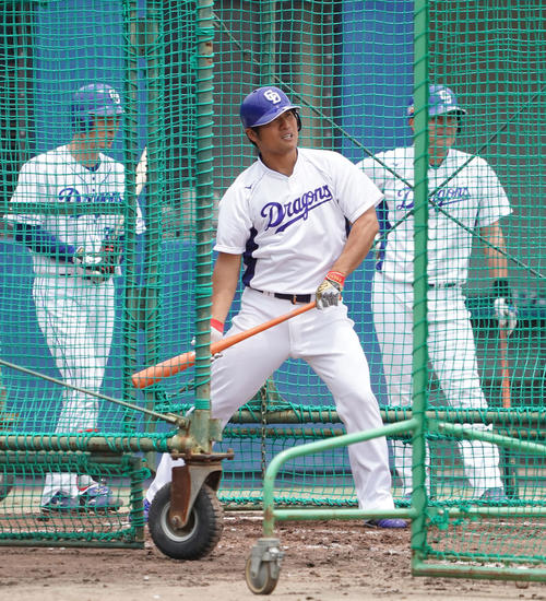 屋外フリー打撃練習を行う平田良介（撮影・森本幸一）