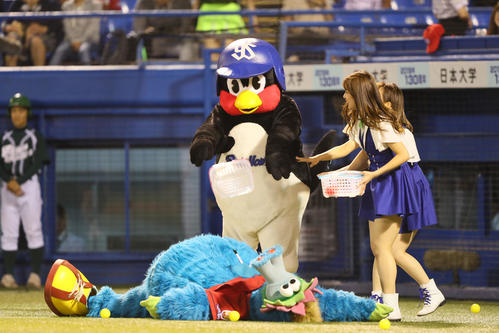 ヤクルト対広島　イニング間のゲーム対決に敗れたヤクルトのつば九郎（上）は広島のスラィリーに八つ当たりする（撮影・足立雅史）