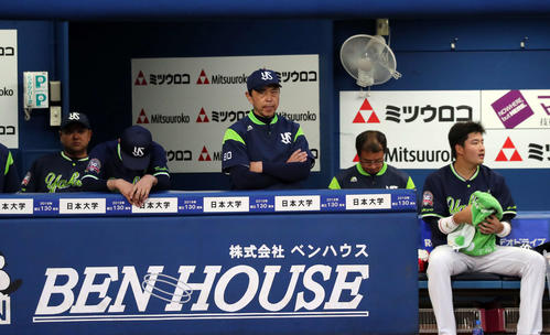 DeNA対ヤクルト　3回表、険しい顔で試合を見つめるヤクルト小川監督（中央）（撮影・鈴木正人）