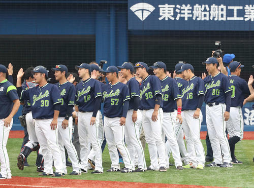 DeNA対ヤクルト　DeNAを下し、連敗を16で止めたヤクルト小川監督（前列右端）はナインを迎える（撮影・河野匠）