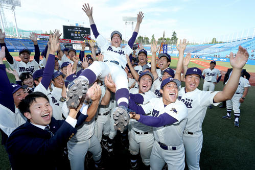 仲間に胴上げされる明大・森下暢仁（撮影・河田真司）